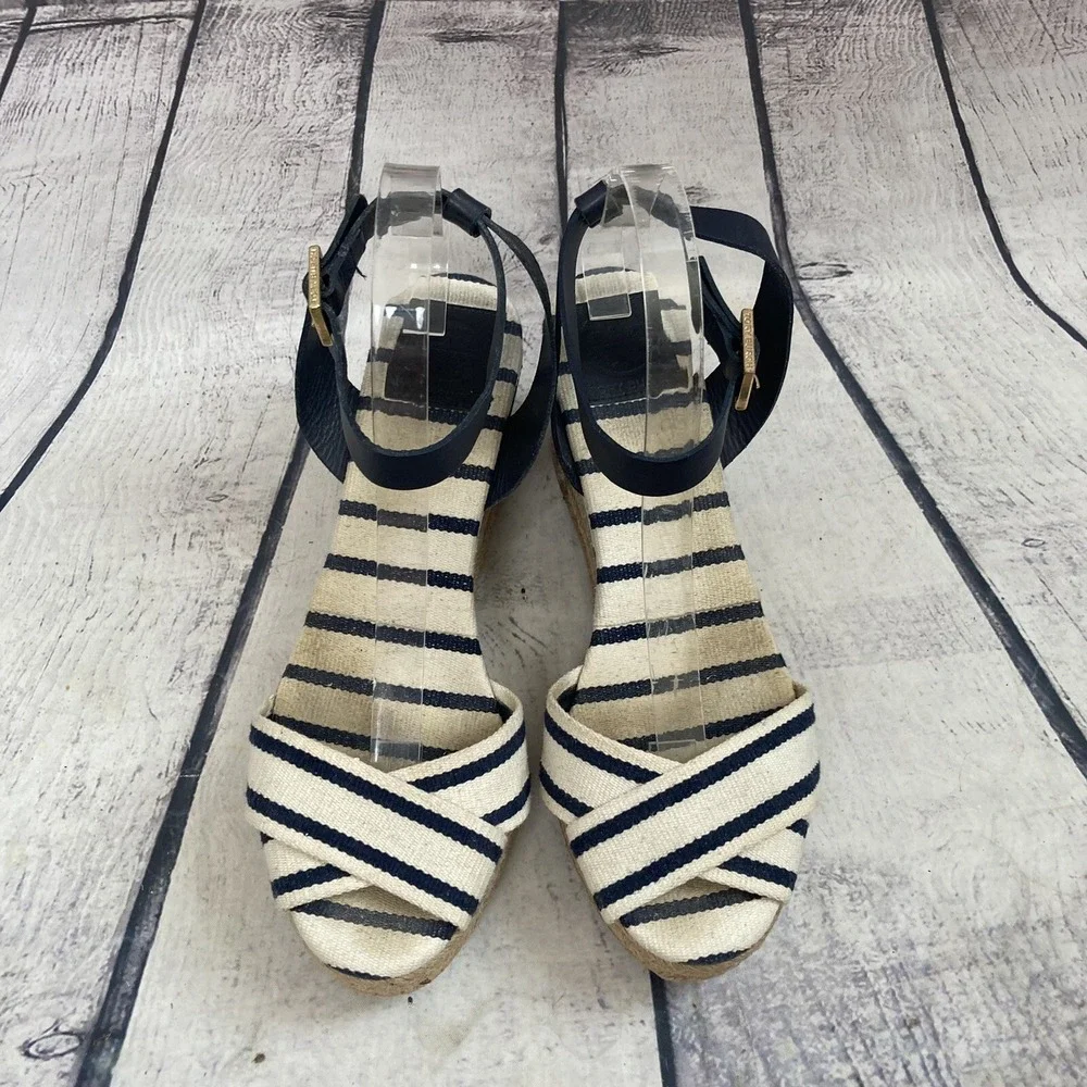 Tory Burch Sandal Women sz 10B Leather Striped Espadrille Blue Ivory Ankle Strap